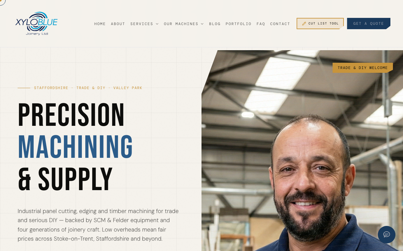 Desktop preview of the Xyloblue Joinery website